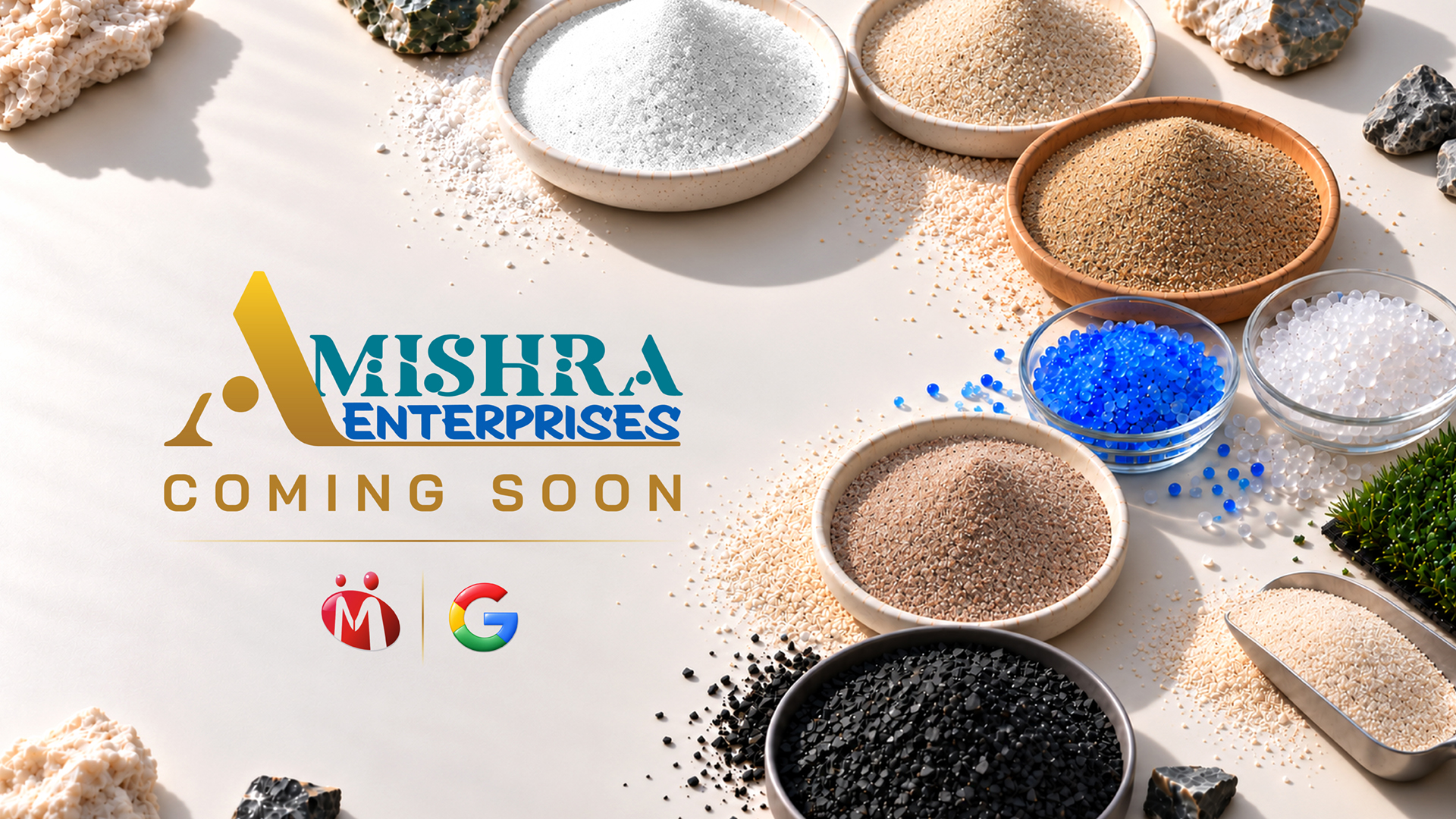 A Mishra Enterprises. Coming soon. Mineral sands and industrial materials, with IndiaMART and Google profile icons below the logo.